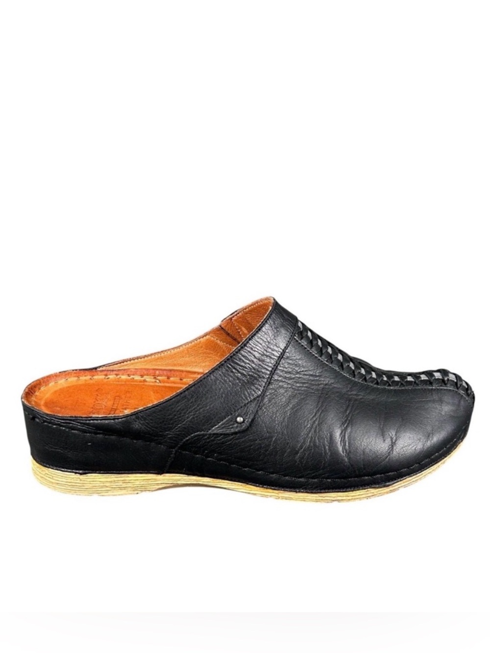 Karyoka Black Leather Woven Whipstitch Comfort Mules Clogs Shoes Womens 38
